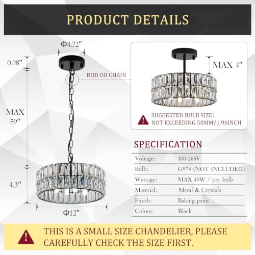 CATINER Black Crystal Chandelier 12" 4-Light Modern Ceiling Pendant Light - Image 2