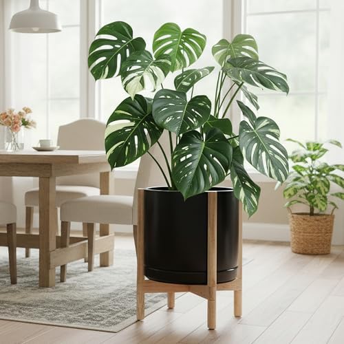 D'vine Dev Ceramic Pot with Natural Wood Stand, Black, 14 in, 55-B-R-2 - Image 4