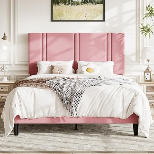 Allewie Full Size Platform Bed Frame with Velvet Upholstered Headboard by Allewie