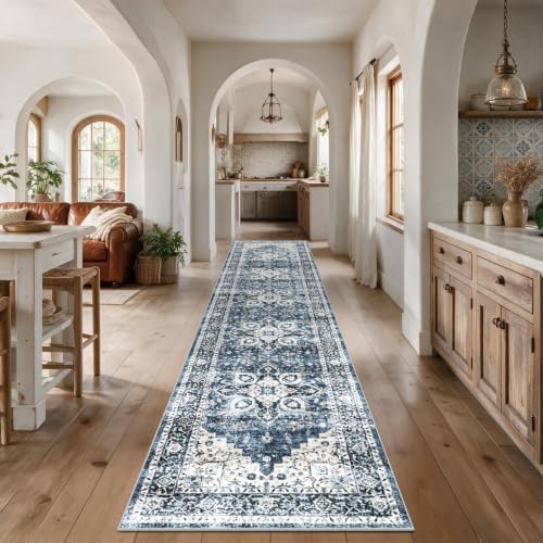 Amada 2'6"x12' Washable Runner Rug for Hallway, Blue, Vintage Style - Image 3