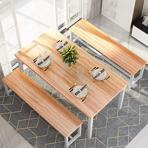 Dining Room Table Set with 2 Benches, Farmhouse Dining Table Set for 4, Wood Breakfast Dinner Table Set for Breakfast Nook Small Spaces, Beige - Image 3