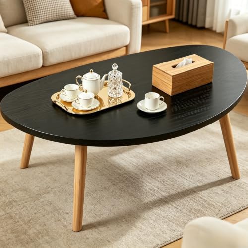 Coffee Table Low Table with Solid Wood Legs, 31.5x19.7 Large Coffee Table Side Table, Floor Table Desk for Sitting on The Floor, Living Room Furniture for Office Apartment Home, Pebble-Black by FURMORENE