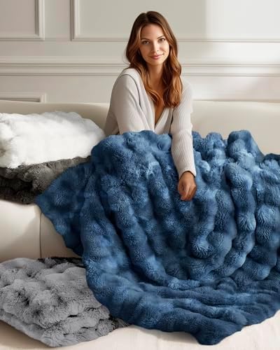 Ultra Soft Cozy Faux Fur Throw Blanket, Fuzzy Plush Thick Bubble Blanket, Oversize Luxury Fluffy Blanket for Couch, Sofa, Bedroom, and Living Room,50x60 Inches,Blue - Image 5
