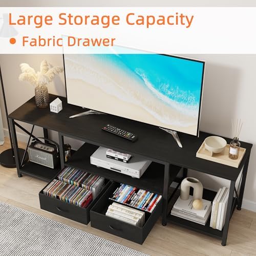 GYIIYUO TV Stand with Fabric Drawer for 50 55 Inches TV - Entertainment Center and Industrial TV Console Table with Open Storage Shelves for Living Room, Bedroom - 47" Black - Image 5