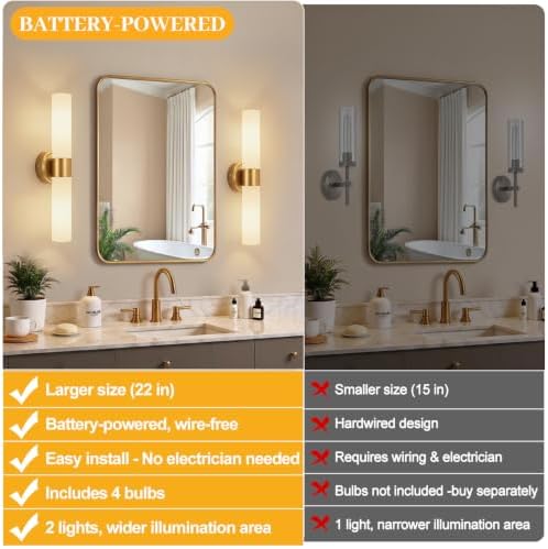 Rechargeable Wall Sconces Set of Two, Brushed Gold Battery Operated Wall Light Fixtures with Remote Control, Dimmable Wireless Wall Sconces with Milky Glass for Bathroom Mirror Bedroom Living Room - Image 2