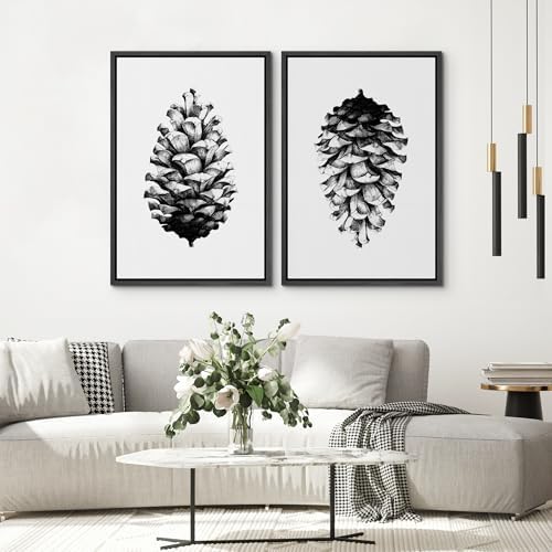 SIGNWIN Framed Canvas Print Wall Art Set Black & White Forest Woodland Pinecone Nature Wilderness Illustrations Modern Art Relax/Calm for Living Room, Bedroom, Office - 24"" x36 x2 Black - Image 4