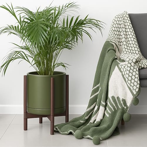 D'vine Dev Ceramic Pot with Walnut Wood Stand, Olive, 12 in, 55-B-W-J - Image 4