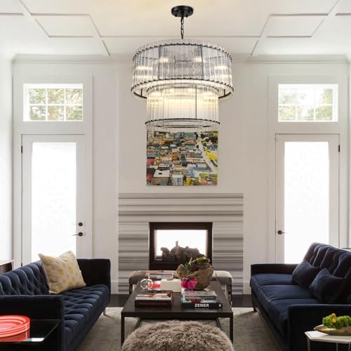 37" Modern Black Round Chandeliers, 3-Tier 16-Light Water Ripple Crystal Glass Chandelier, for Living Room, Foyer, High Ceiling Staircase, Dining Room, Luxury Adjustable Hanging Chandelier - Image 5