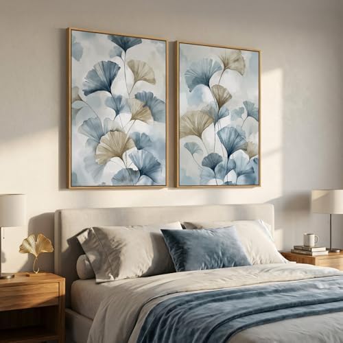 Large Framed Blue Neutral Botanical Ginkgo Wall Art Set of 2, 24x36 Inch - Image 2
