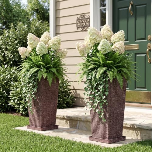 Square Tall Planters for Outdoor Plants with Tray - Stone Finishes - Image 5