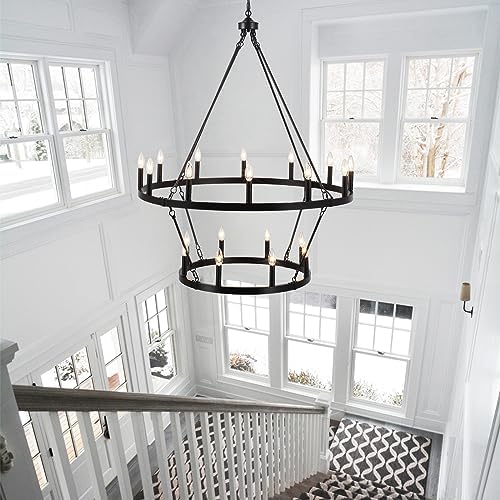 Black Wagon Wheel Chandelier 2 Tier 20-Lights 40 Inch Extra Large Farmhouse Light Fixture Rustic Lighting Round Chandeliers for Dining Room Kitchen Island Foyer Entryway - Image 6