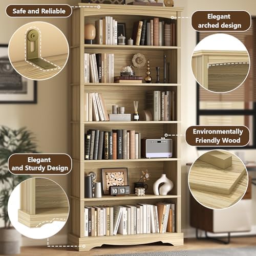 TVU 6-Tier Wooden Bookshelf, 76 Inch Tall Bookshelf with Storage, Floor Standing Modern Style Display Bookcase for Living Room, Office, Study Room, Entryway, Natural Wood Color - Image 5