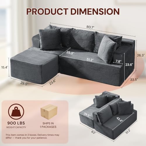 Korser Boneless Couches for Living Room, Cloud Couch Sectional with Ottoman, L-Shaped Sofa with Fluffy Comfy Corduroy Deep Seat, Bedroom, Apartment, No Assembly Required - Image 2