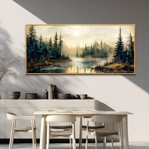 FUHAIHUA Wood Framed Large Wall Decor For Living Room Canvas Wall Art For Office Farmhouse Wall Decorations For Bedroom Forest River Landscape Paintings Modern Pictures Artwork Room Home Decor 32x72 In - Image 4