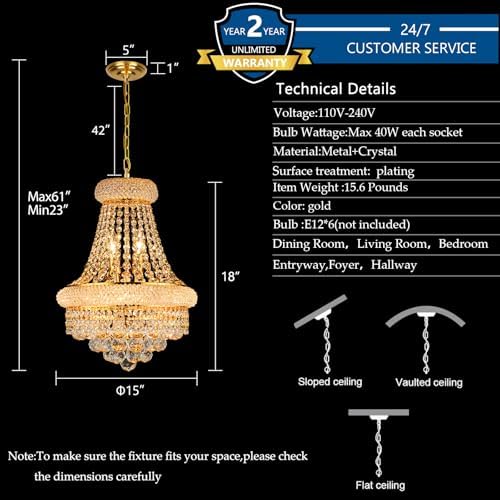 Gold Crystal Chandeliers for Dining Room，6-Lights D15 Inch - Image 4