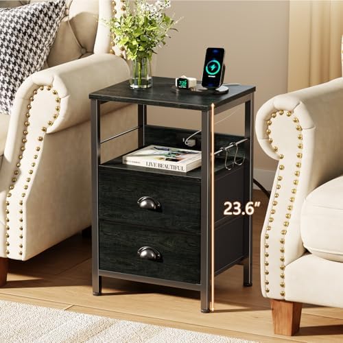 Nightstand with Charging Station for Bedroom, 2 Fabric Drawers, Black Oak - Image 2