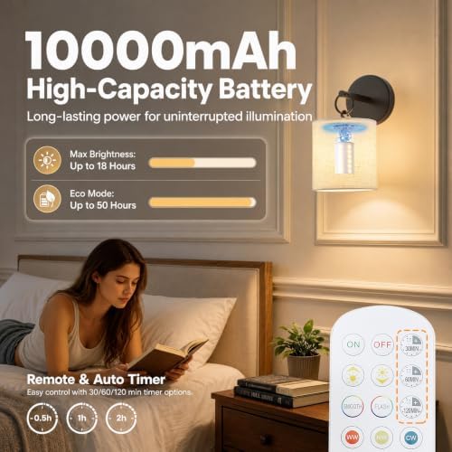 Peel and Stick Sconces Set of 2 Black, Detachable Battery Operated Wall Sconce With 10000 mah Rechargeable Bulbs, 12 RGB Battery Sconce With Remote, Renter Friendly Wall Lamps for Living Room,Bedroom - Image 4