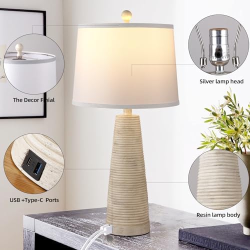 Terpsichore Nightstand Lamp Bedside Lamps Set of 2 Vintage Rustic Farmhouse Table Lamp 3 Way Dimmable Horizontal Stripe Light,for Living Room Bedroom,USB A+C (Pale Yellow, Hing 27 in) - Image 6