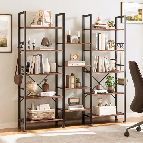 Furologee Triple 5 Tier Bookshelf, Industrial Book Shelf Book Case, Wide Bookcase with 14 Display Shelves for Living Room, Home Office, Rustic Brown - Image 4
