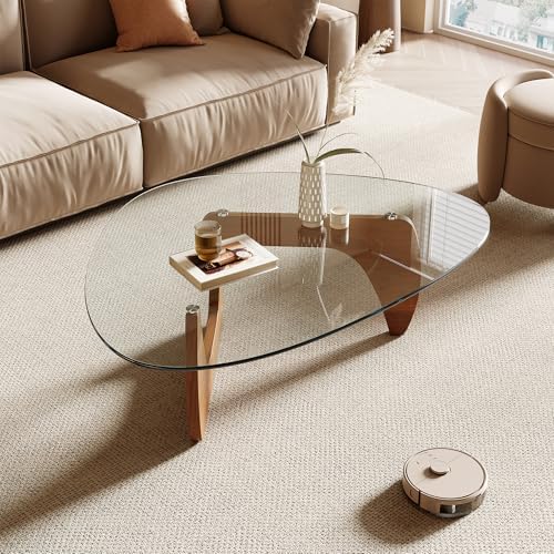 Honyee Morden Coffee Table, 42.5" x 28.5" x 16.1" Triangle Tempered Glass Top for Living Room, Color: Natural Wood by Honyee