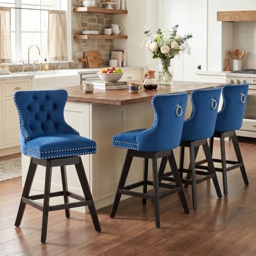 SoarFlash Kitchen Swivel Bar Stools with Solid Wood Legs Upholstered Counter Stools Set of 4, Blue by SoarFlash