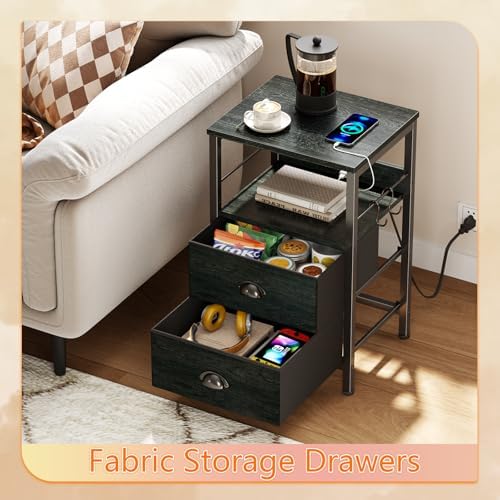 Nightstand with Charging Station for Bedroom, 2 Fabric Drawers, Black Oak - Image 4