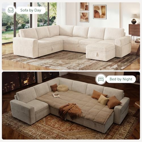 HONBAY Modular Sectional Sleeper Sofa with Pull Out Bed,Corduroy U Shaped Couch with Storage, Sectional Couches for Living Room,Beige - Image 4