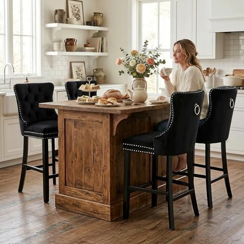 SoarFlash Modern Velvet Upholstered Bar Stools Set of 4 with Wood Legs, Button Tufted,Chrome Nailhead, Counterstool Seat, Armless Bar Chairs (Black) - Image 3