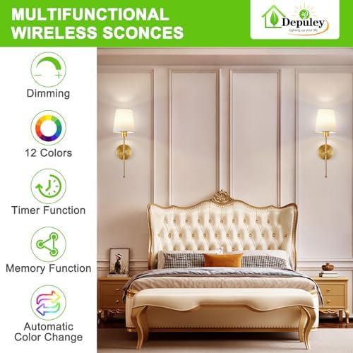 Depuley Battery Operated Wall Sconce: Set of 2 19.99" Wireless Wall Lights with Remote for Bedroom - Rechargeable 15 Colors Gold Wall Lamp for Living Room Hallway Decor - Image 2