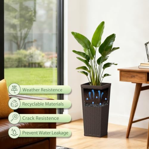 24 Inch Tall Plastic Planters (Set of 2) with Drainage Holes, Brown - Image 6