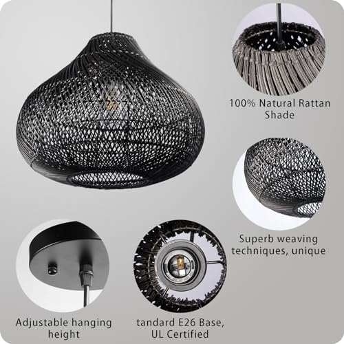 Karjear Black Rattan Chandelier, 16.5 inch Large Wicker Pendant Lights Fixture Hand-Woven Basket Hanging Light for Dining Room Kitchen Island Living Room - Image 3
