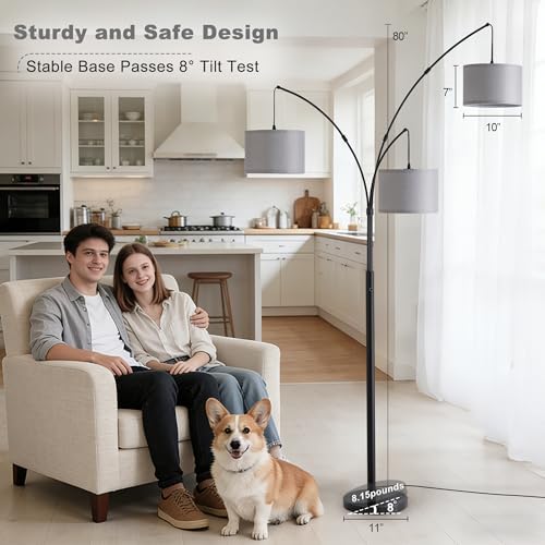 Floor lamp with Remote, 3 Light Arc Floor Lamps for Living Room, 2400LM Tall Standing Floor Lamps with Gray Shades, 80" Large Floor Lamp for Bedroom, Office - Image 7