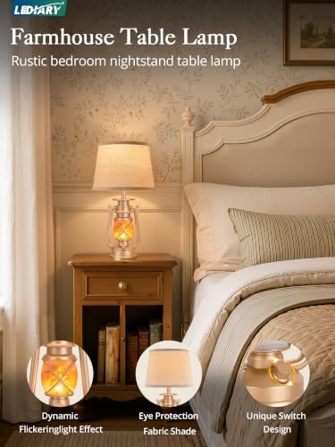 LEDIARY 18.72" Champaign Gold LED Lantern Flickering Flame Table Lamps for Bedrooms Set of 2, Small Farmhouse Rustic End Table Lamps, Halloween Decorative Lantern Bedside Lamps for Living Room - Image 2