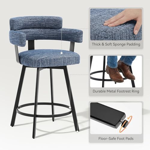 Counter Height Bar Stools with Full Back – Swivel Counter Stools Set of 2 with Linen Padded Back, Metal Footrest, Modern Barstools for Kitchen Counter, Island, Dining Room, Blue 24 inch - Image 5