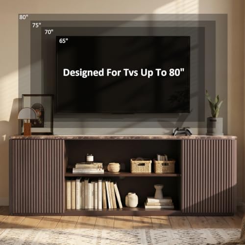 70" Modern Fluted TV Stand, for TVs Up to 80", Faux Marble Top, Brown Oak - Image 5