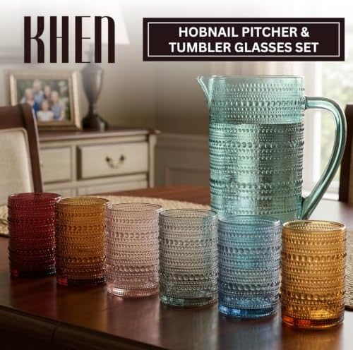 Khen Hobnail Beaded Pitcher & Tumbler Glasses Set | Set of 6 Glasses & Carafe| Vintage 11 OZ Lowball & 2.4 Litter Glass Muted Bubble Design, Old-Fashioned, Embossed Design - Water, Wine, Cocktail - Image 2