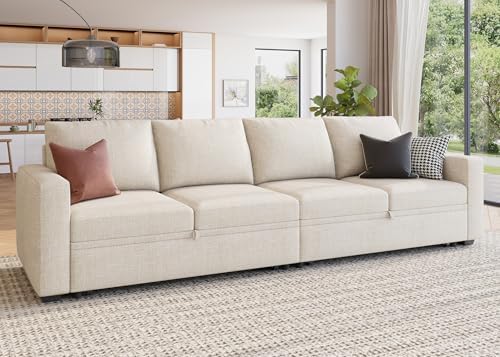 HONBAY Modular Sectional Sleeper Sofa Bed, with Pull Out Bed, Linen Convertible Sectional Couches for Living Room - Beige - Image 6