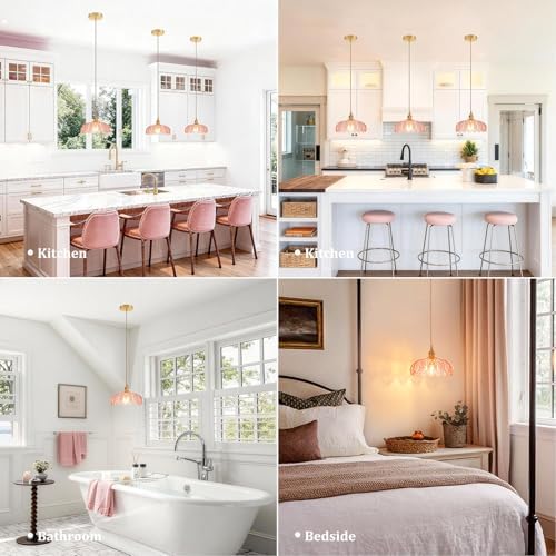 Shenmoyl Pendant Light with Pink Scindapsus Glass Lmapshade, Brass Vintage Pendant Light Adjustable Hanging Light for Kitchen Island Dining Room Hallway - Image 3
