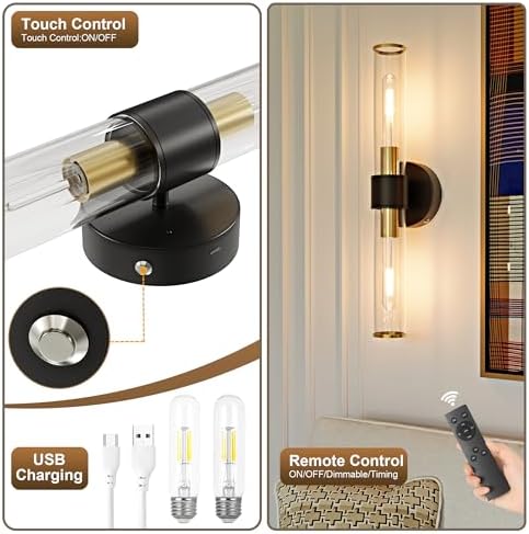 Black Gold Battery Operated Wall Sconces Set of 2, Wireless Sconce Light - Image 7