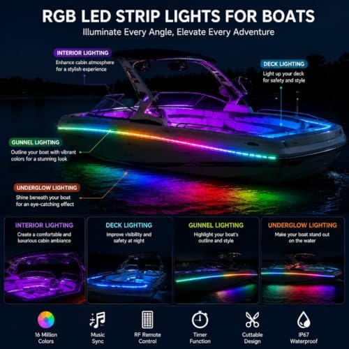 100FT LED Boat Lights, 12V RGB Marine Pontoon Led Strip Lights with APP & Remote, IP67 Waterproof Boat Interior Exterior Light with Extension Cable for Pontoon, Night Fishing, Gunnel, Deck, RV - Image 4