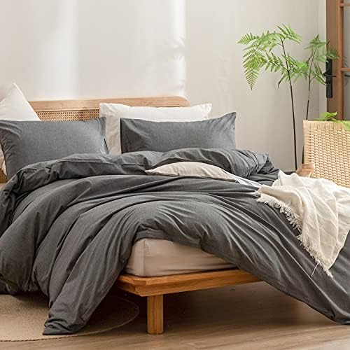 BESTOUCH Cotton Solid Duvet Cover Set Linen Feel Dark Grey Super King - Image 4