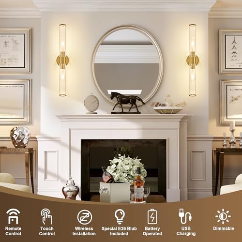 Gold Battery Operated Wall Sconces Set of 2, Rechargeable Wall Lights - Image 2