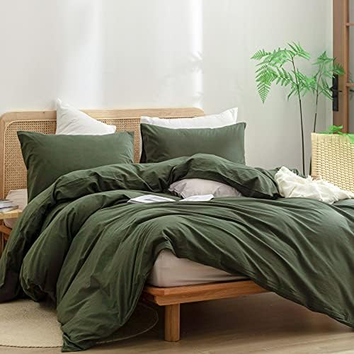 BESTOUCH Cotton Solid Duvet Cover Set Linen Feel Olive Green Alaska King - Image 4