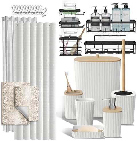 Clara Clark Bathroom Accessories Set - 27PC Bathroom Set with Adhesive Corner Shower Caddy Hanging, Bathroom Sets with Shower Curtain and Rugs, Ombre White Shower Curtain Set with Bathroom Trash Can by ClaraClark