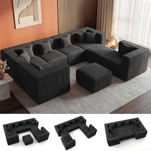 MONVANE Modular Sectional Sofa, Oversized 8 Seat Convertible U Shaped Couch with Ottoman, Comfy Chenille Cloud Couch with Deep Seat, Sectional Couches for Living Room, No Assembly Required, Black by MONVANE