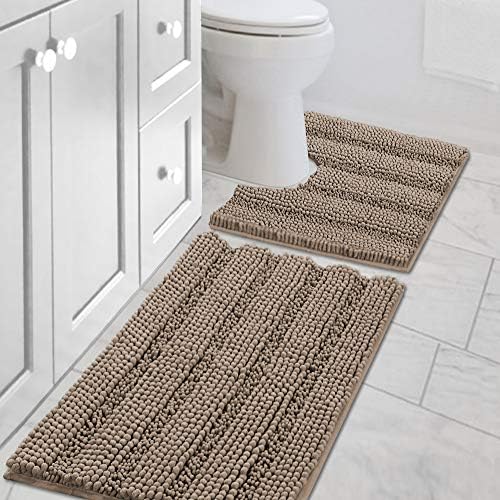 H.VERSAILTEX Bathroom Rugs Bath Rug Set 2 Piece Bathroom Contour Rug Toilet Mat Sets Non Slip Contour Bath Rug Ultra Thick Water Absorbent Striped Bath Mats(20" x 32" Plus 20" x 20" U, Taupe Brown) by HVERSAILTEX