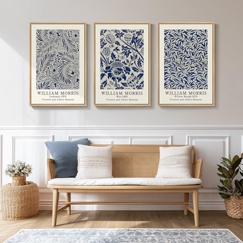 Large Framed William Morris Blue Canvas Wall Art for Living Room, 3 Piece - Image 2