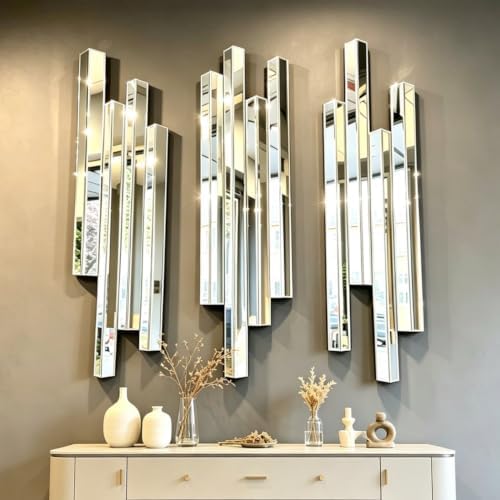 Modern 3 Pack 28x8 Staggered 3D Silver Mirror Wall Set Mirror Decor by VOHJD