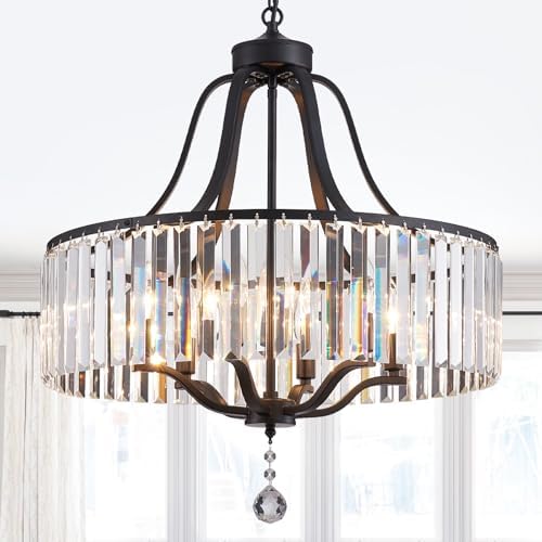 Modern Crystal Chandeliers Round 6-Light Large Black Pendant Lighting Fixture for Dining Room Living Room Kitchen Island Bedroom Hallway Hall Foyer 21.7" Adjustable Height Hanging Lamp by peksoe