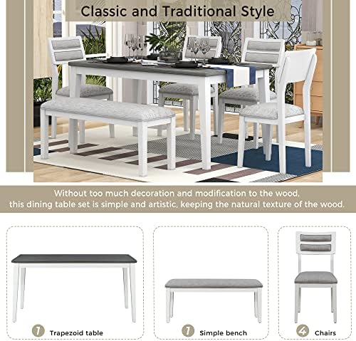 Classic Dining Table Set with Upholstered Chairs and Bench for 4-6, White - Image 3